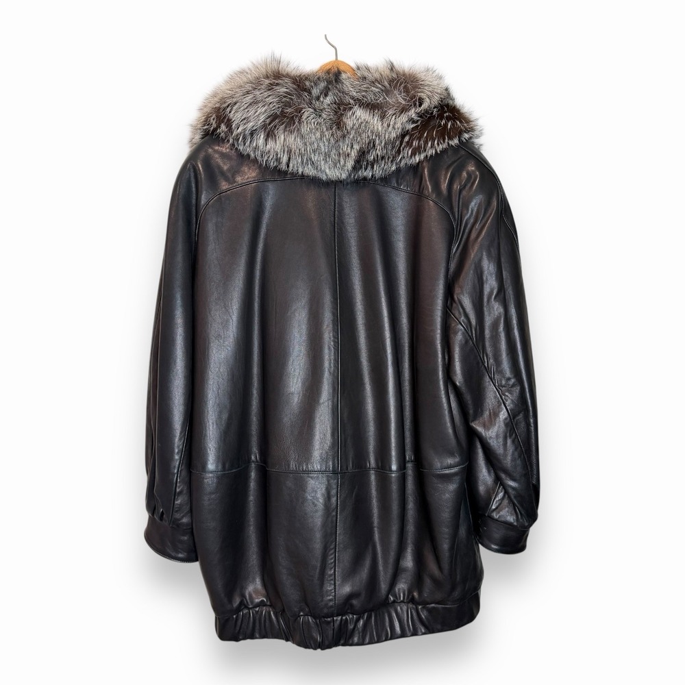 Vtg J Percy Marvin Richards Black Leather Silver Fox Fur Collar Coat ~ Women's L - Picture 3 of 16